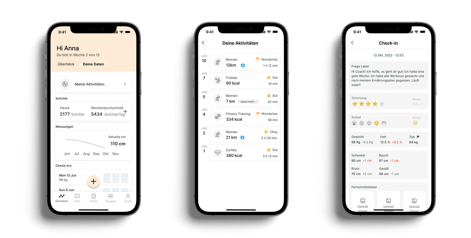Ein Mockup der Coaching-App, das die verschiedenen Funktionen zeigt.